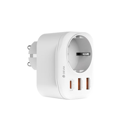 Carregador de Rede DEVIA WW09-F-PD, 20W, 3A, 2 x USB-A - 1 x USB-C - 1 x Schuko, Branco