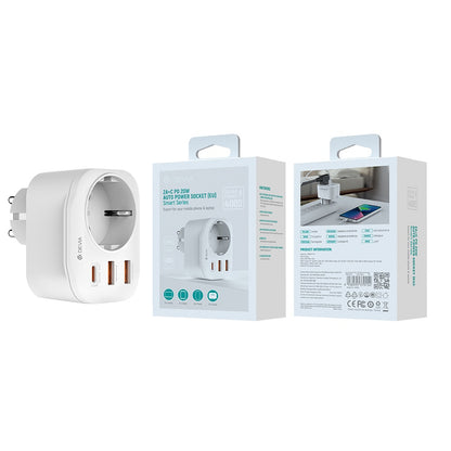 Carregador de Rede DEVIA WW09-F-PD, 20W, 3A, 2 x USB-A - 1 x USB-C - 1 x Schuko, Branco