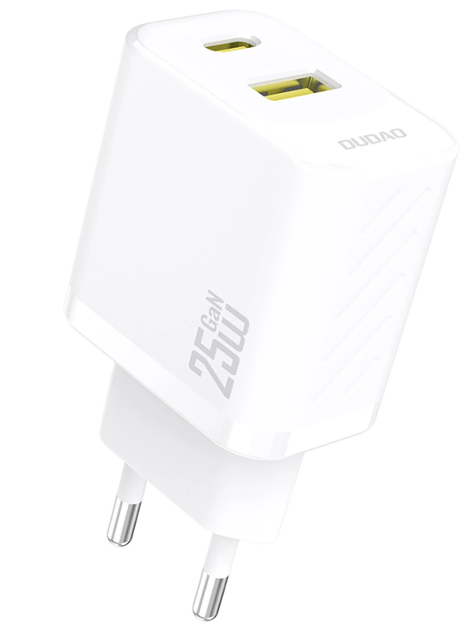 Carregador de Rede Dudao A26T, 25W, 3A, 1 x USB-A - 1 x USB-C, Branco