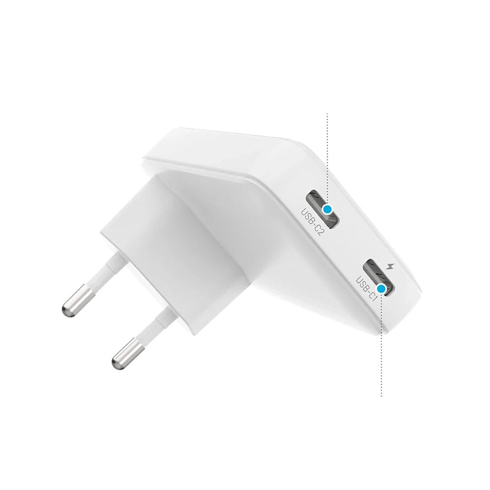 Carregador de Rede Fixed Slim, 45W, 3A, 2 x USB-C, Branco