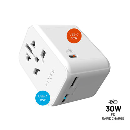 Carregador de Rede Fixed Travel, 30W, 3A, 2 x USB-A - 1 x USB-C, Branco