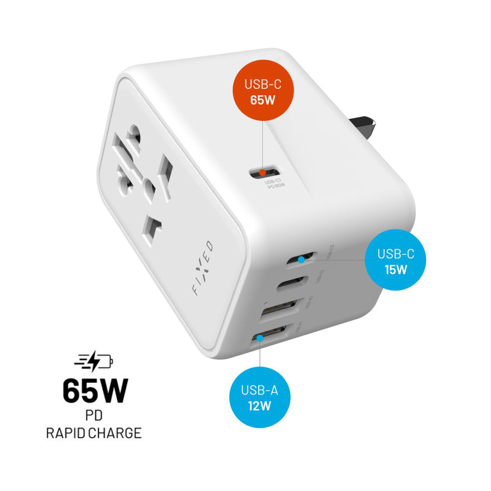 Carregador de Rede Fixed Travel, 65W, 3.25A, 2 x USB-A - 3 x USB-C, Branco
