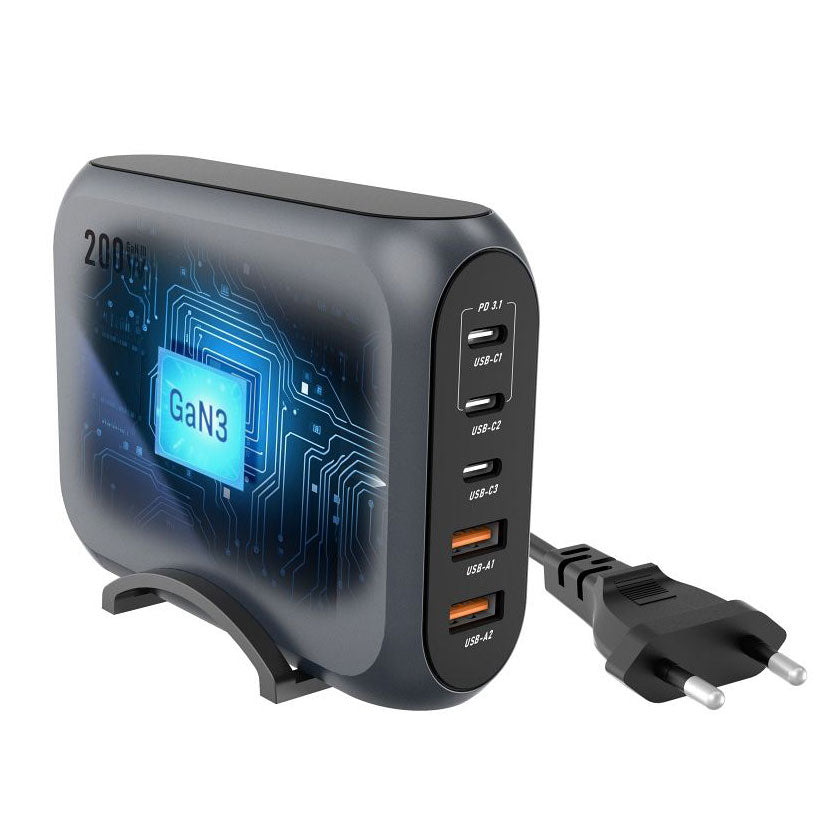 Carregador de rede Forcell F-ENERGY GaN III VT-51, 200W, 5A, 2 x USB-A - 3 x USB-C, cinzento 