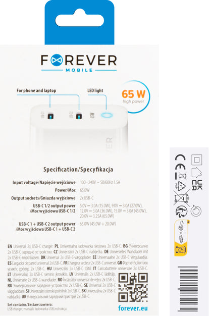 Carregador de rede Forever TC-06-65CC, 65 W, 3,25 A, 2 x USB-C, branco 