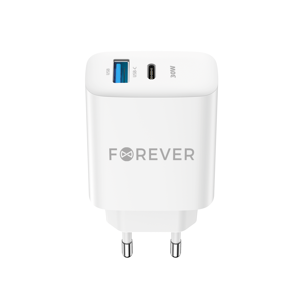 Carregador de rede Forever TC-07-30AC, 30W, 3A, 1 x USB-A - 1 x USB-C, branco