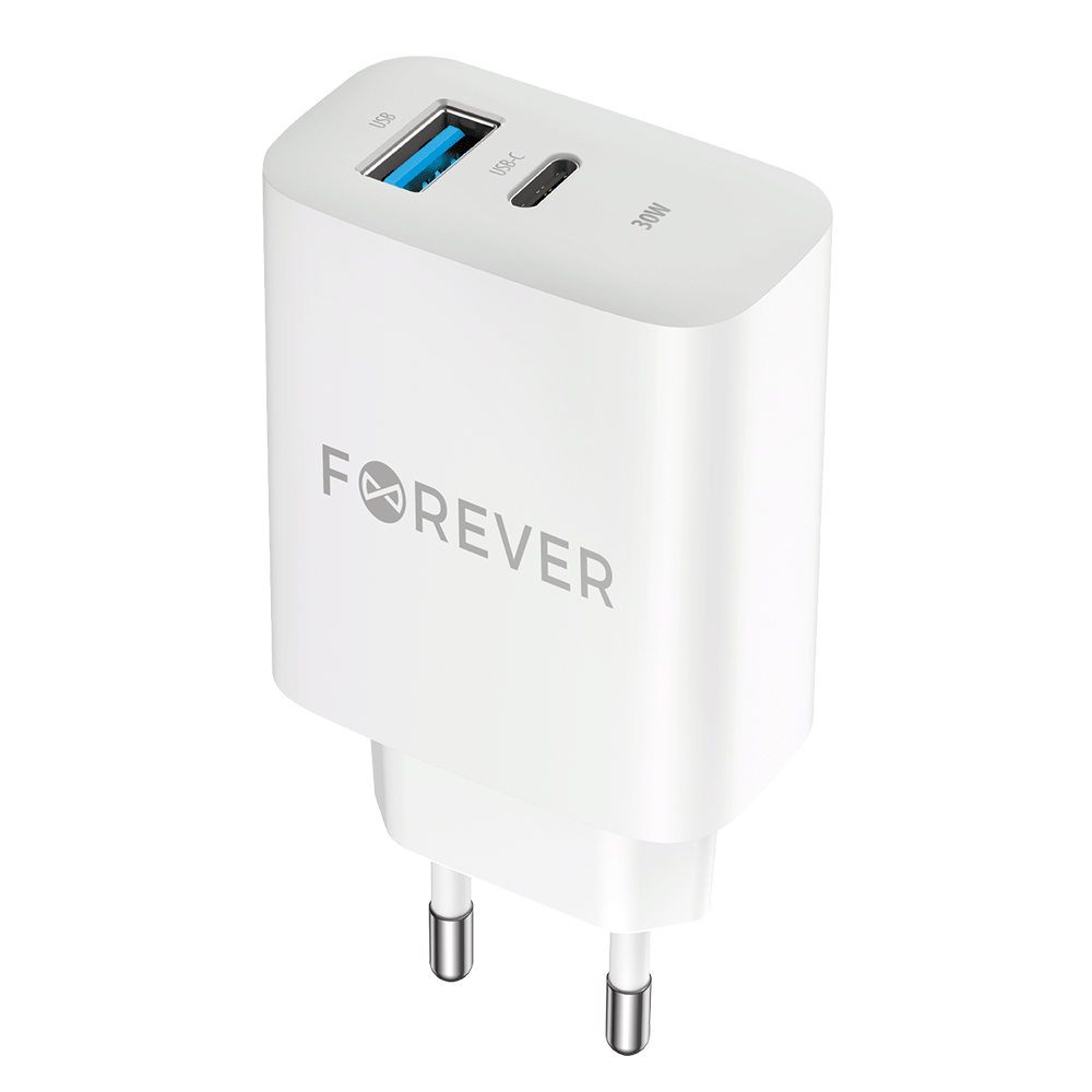 Carregador de rede Forever TC-07-30AC, 30W, 3A, 1 x USB-A - 1 x USB-C, branco