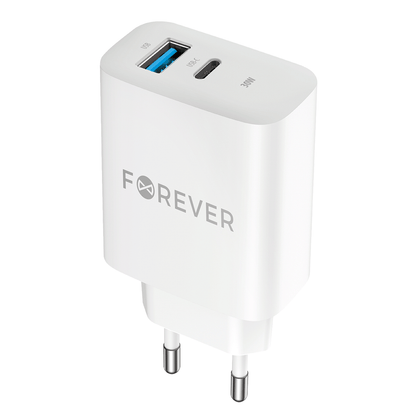 Carregador de rede Forever TC-07-30AC, 30W, 3A, 1 x USB-A - 1 x USB-C, branco