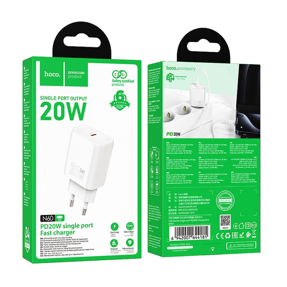 Carregador de Rede HOCO N60, 20W, 3A, 1 x USB-C, Branco