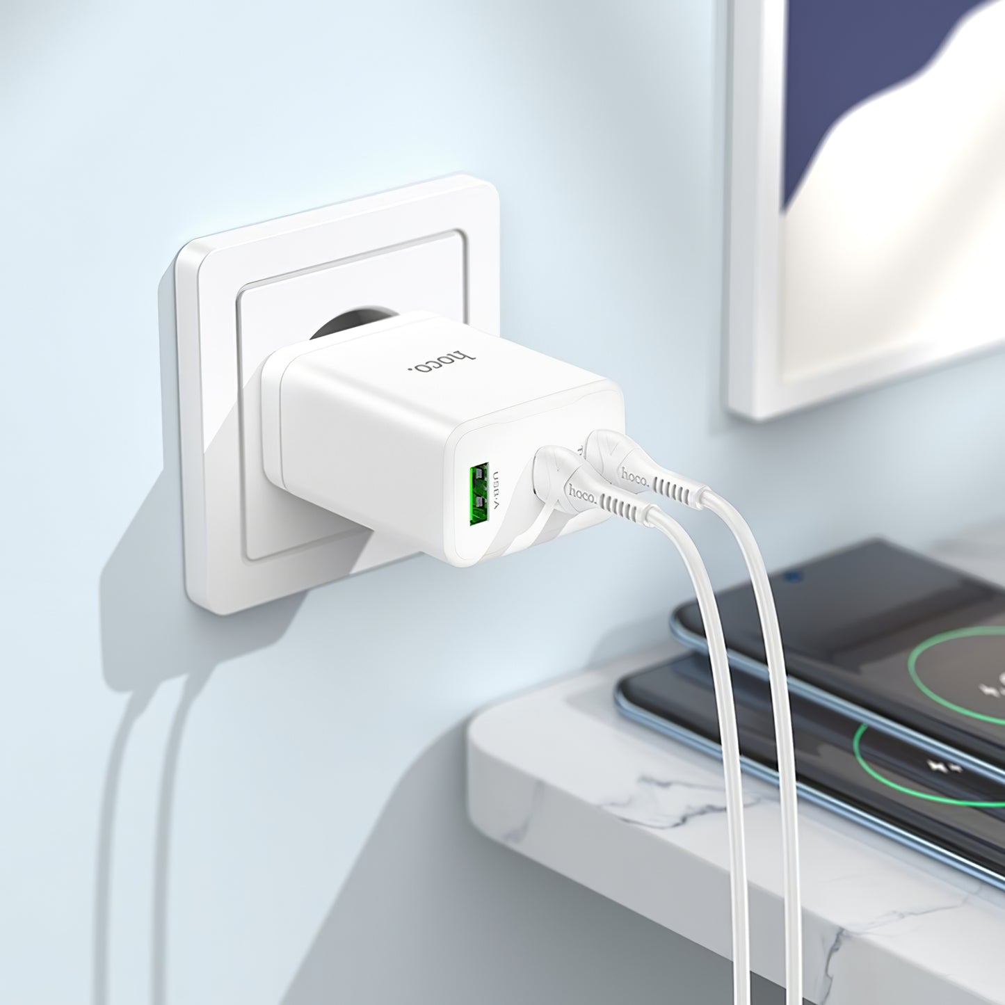 Carregador de rede HOCO N33, 35W, 3A, 1 x USB-A - 2 x USB-C, branco 