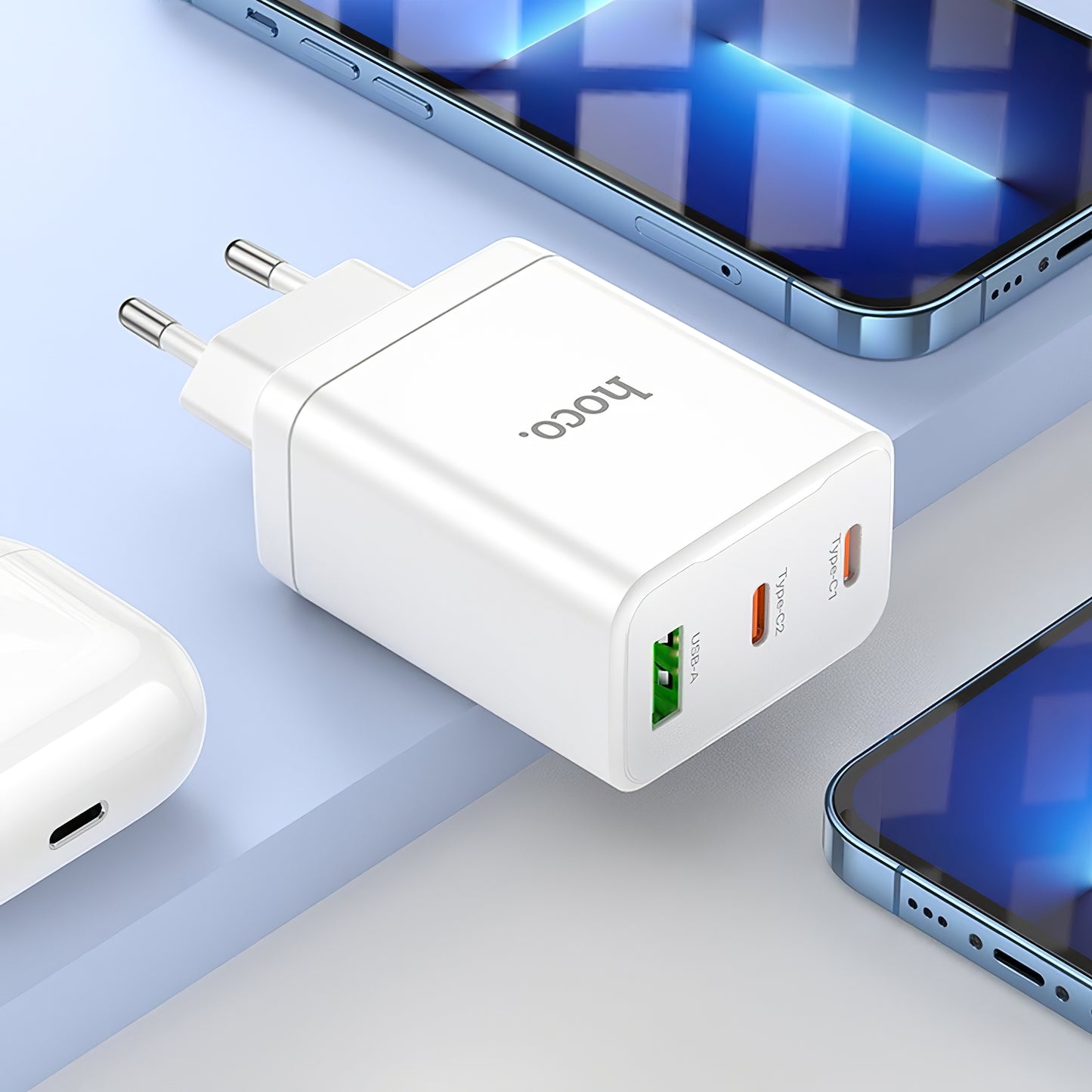 Carregador de rede HOCO N33, 35W, 3A, 1 x USB-A - 2 x USB-C, branco 