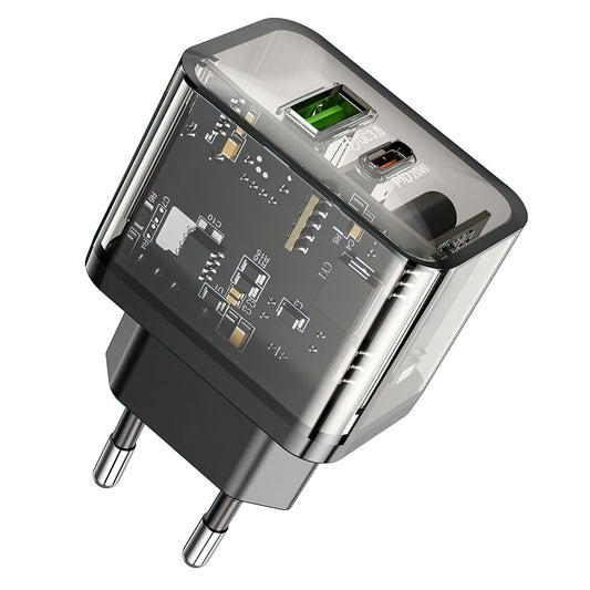 Carregador de Rede HOCO N34, 20W, 3A, 1 x USB-A - 1 x USB-C, Transparente