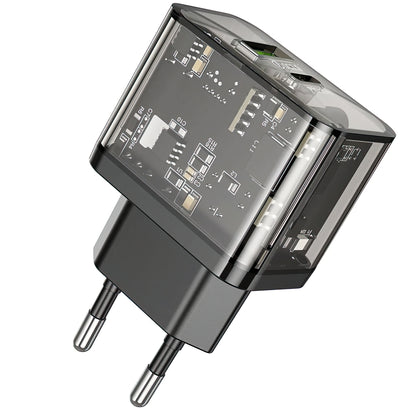 Carregador de Rede HOCO N34, 20W, 3A, 1 x USB-A - 1 x USB-C, Transparente