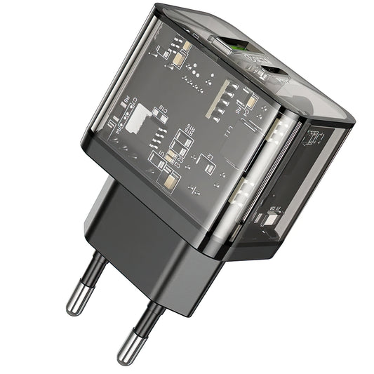 Carregador de Rede HOCO N34, 20W, 3A, 1 x USB-A - 1 x USB-C, Transparente