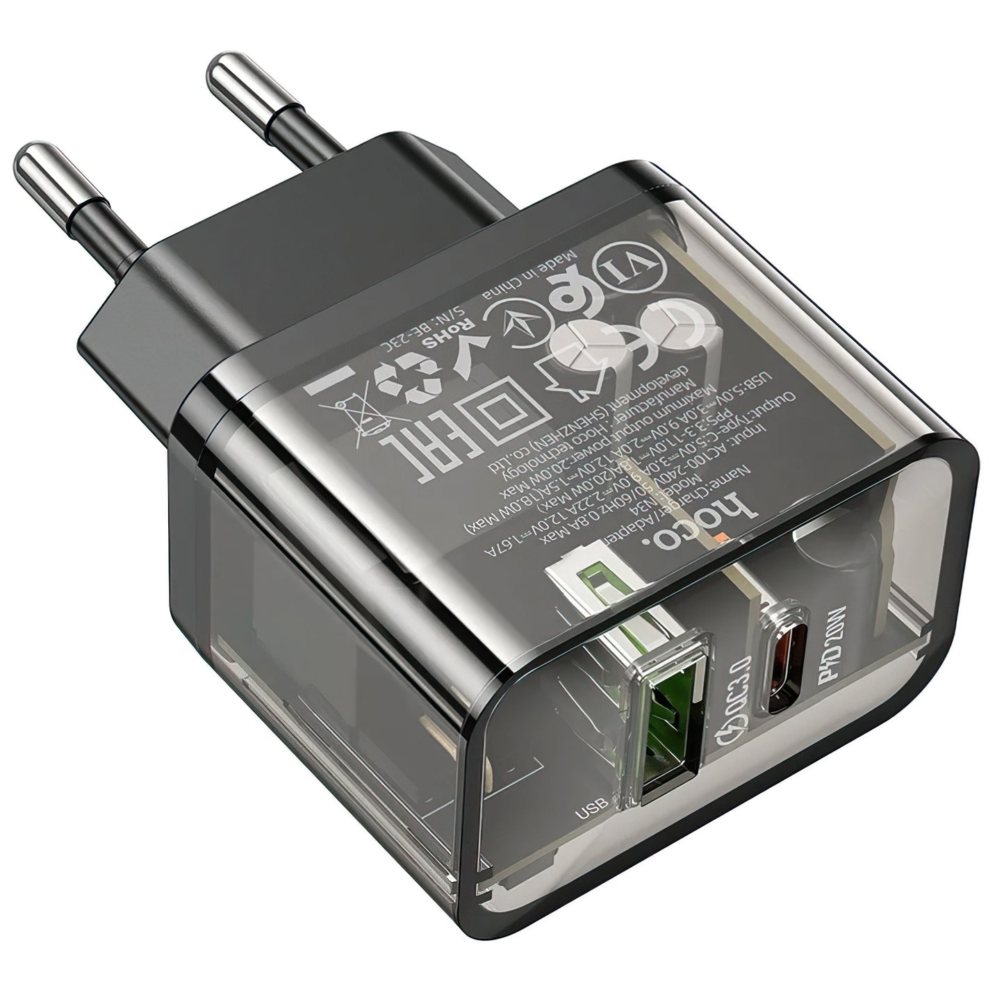 Carregador de Rede HOCO N34, 20W, 3A, 1 x USB-A - 1 x USB-C, Transparente
