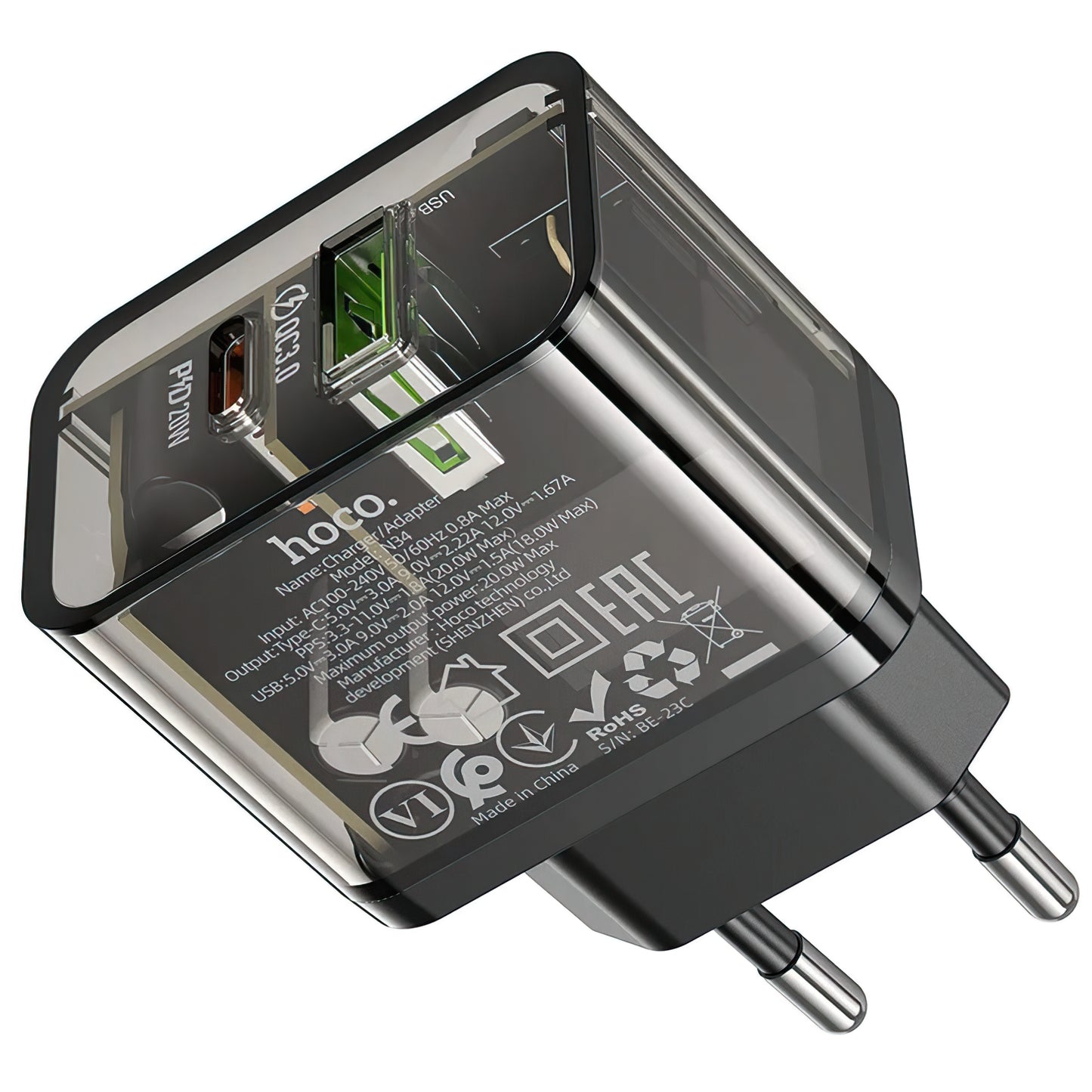 Carregador de Rede HOCO N34, 20W, 3A, 1 x USB-A - 1 x USB-C, Transparente