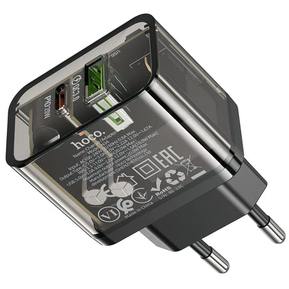 Carregador de Rede HOCO N34, 20W, 3A, 1 x USB-A - 1 x USB-C, Transparente