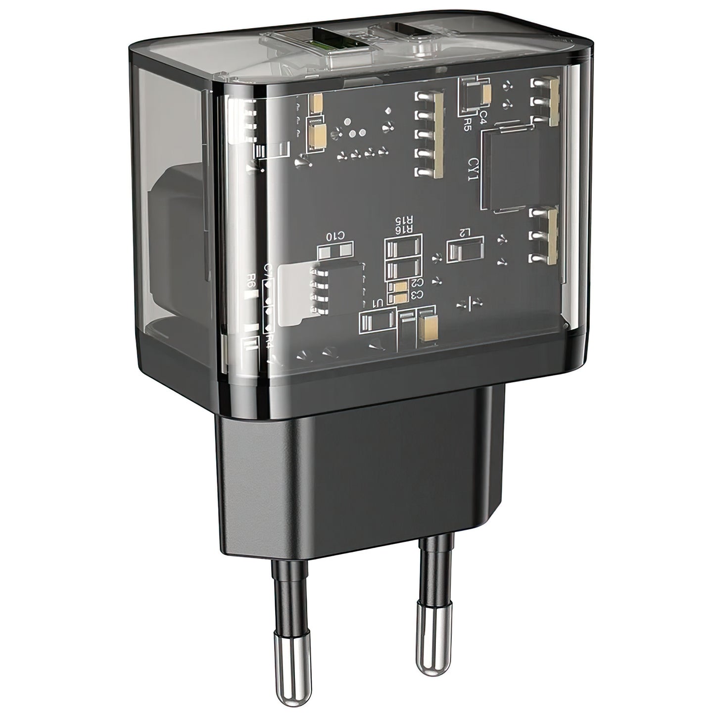 Carregador de Rede HOCO N34, 20W, 3A, 1 x USB-A - 1 x USB-C, Transparente