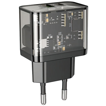 Carregador de Rede HOCO N34, 20W, 3A, 1 x USB-A - 1 x USB-C, Transparente