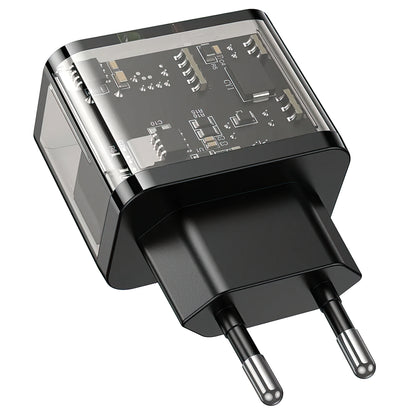 Carregador de Rede HOCO N34, 20W, 3A, 1 x USB-A - 1 x USB-C, Transparente