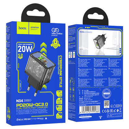Carregador de Rede HOCO N34, 20W, 3A, 1 x USB-A - 1 x USB-C, Transparente