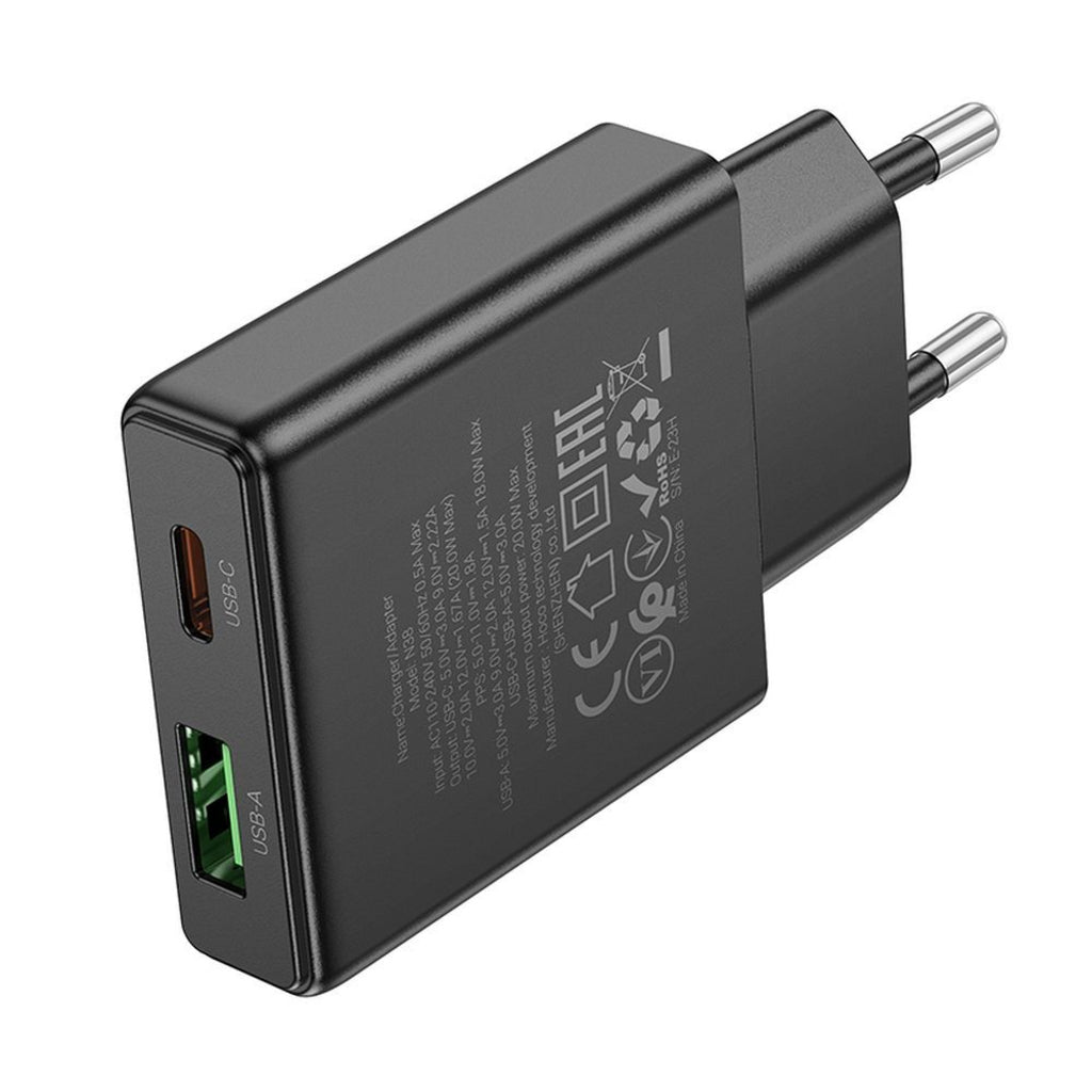 Carregador de Rede HOCO N38, 20W, 3A, 1 x USB-A - 1 x USB-C, Preto