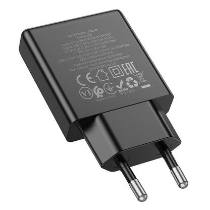 Carregador de Rede HOCO N38, 20W, 3A, 1 x USB-A - 1 x USB-C, Preto