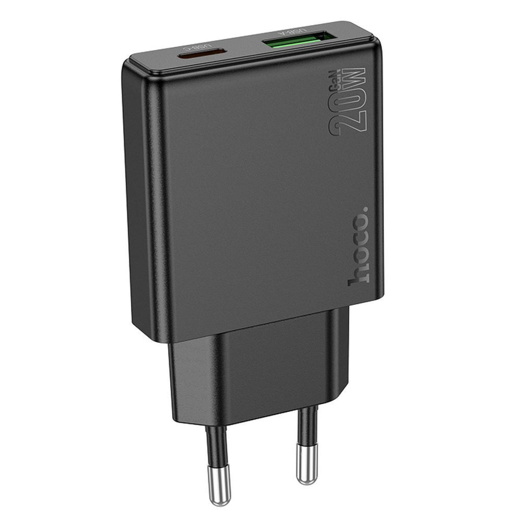Carregador de Rede HOCO N38, 20W, 3A, 1 x USB-A - 1 x USB-C, Preto