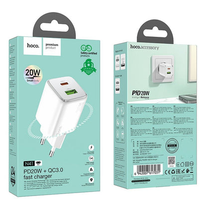Carregador de Rede HOCO N41, 20W, 3A, 1 x USB-A - 1 x USB-C, Branco
