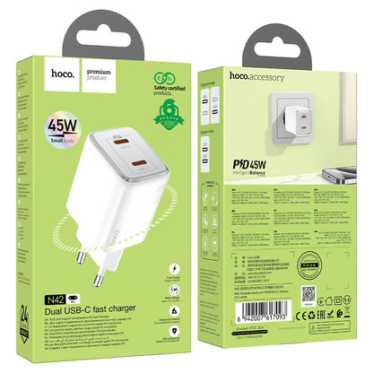 Carregador de rede HOCO N42, 45W, 3A, 2 x USB-C, branco 