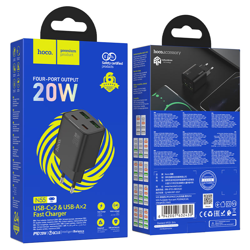 Carregador de Rede HOCO N55, 20W, 3A, 2 x USB-A - 2 x USB-C, Preto