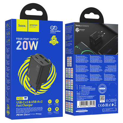 Carregador de Rede HOCO N55, 20W, 3A, 2 x USB-A - 2 x USB-C, Preto