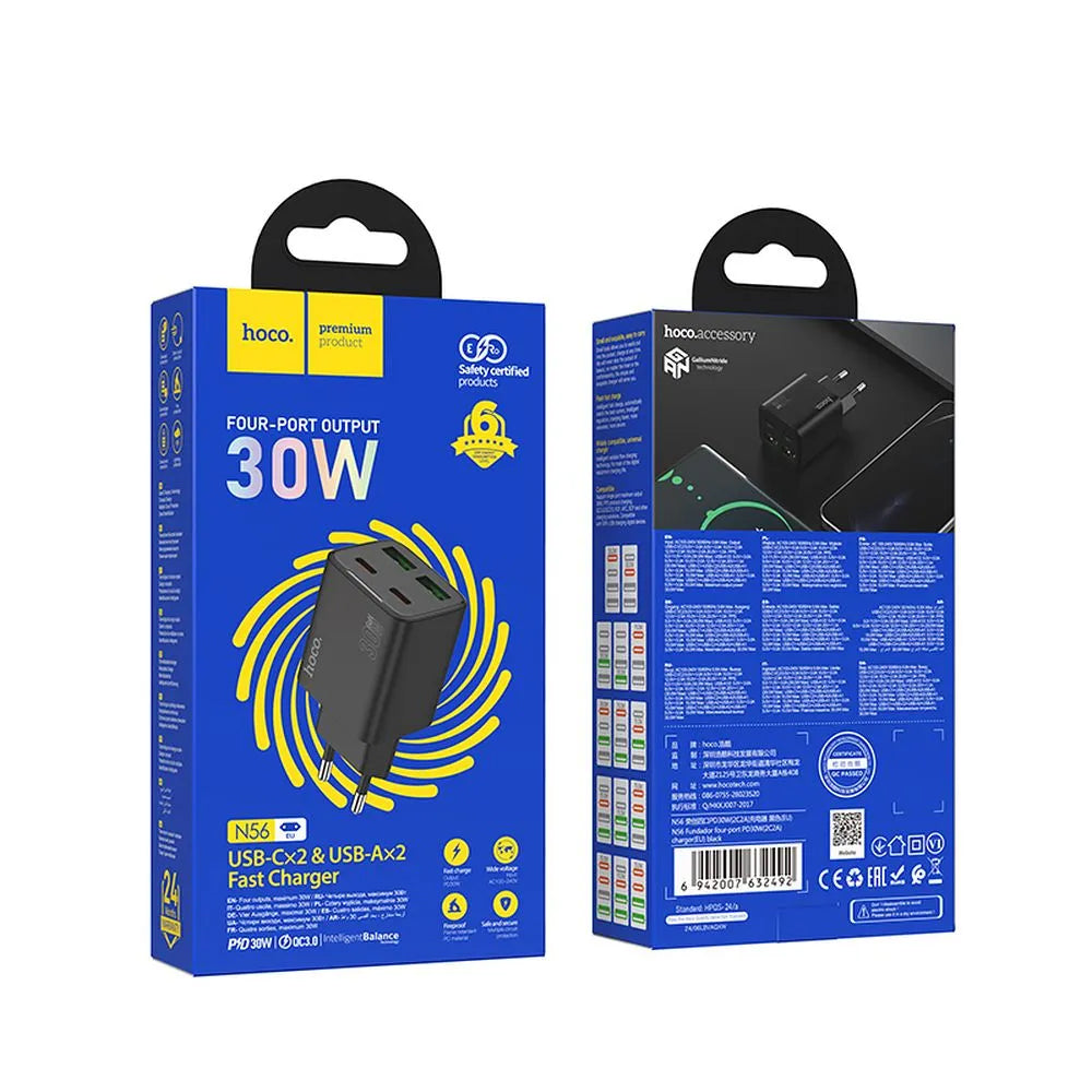 HOCO N56 Network Charger, 30W, 3A, 2 x USB-A - 2 x USB-C, Black
