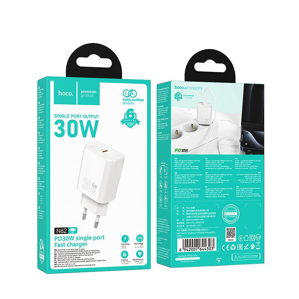 Carregador de Rede HOCO N62, 30W, 3A, 1 x USB-C, Branco