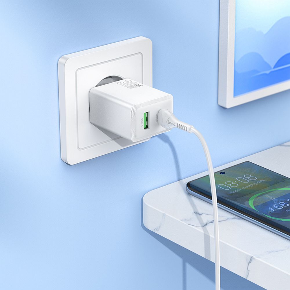 Carregador de Rede HOCO N71, 30W, 3A, 1 x USB-A - 1 x USB-C, Branco