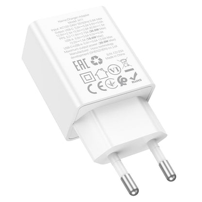 Carregador de Rede HOCO N71, 30W, 3A, 1 x USB-A - 1 x USB-C, Branco