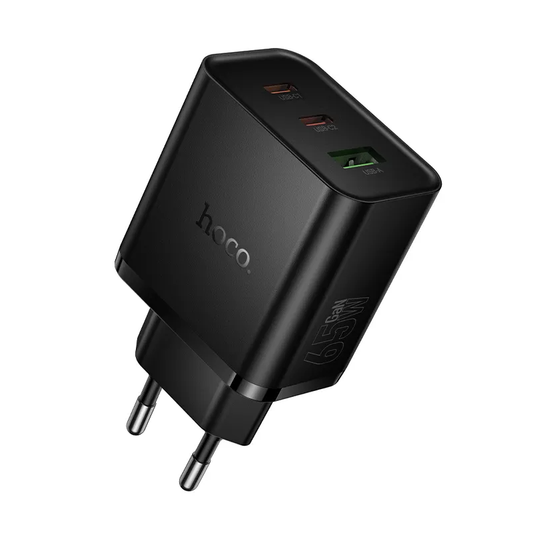 Carregador de Rede HOCO N75, 65W, 3A, 1 x USB-A - 2 x USB-C, Preto