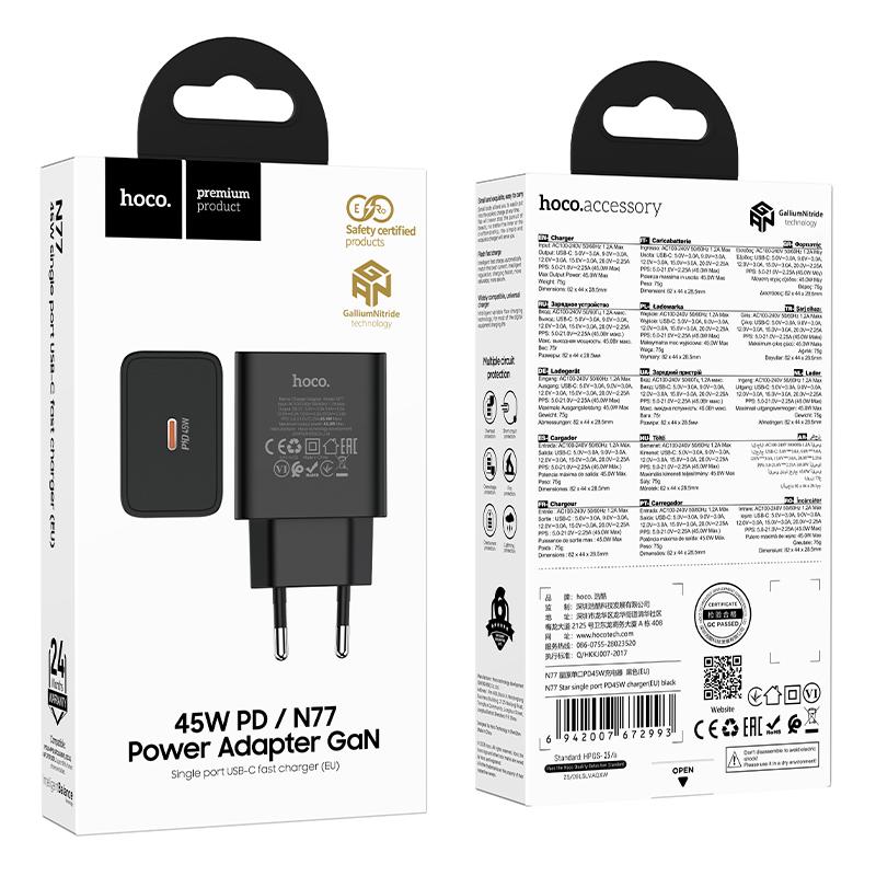 Carregador de Rede HOCO N77, 45W, 3A, 1 x USB-C, Preto