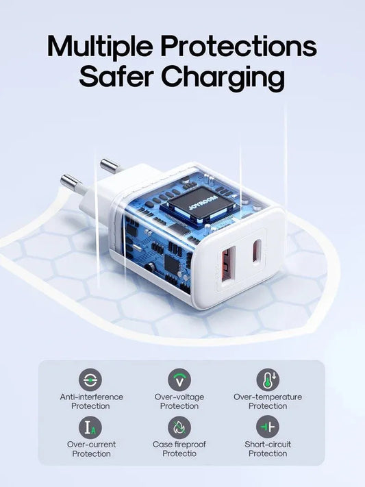 Carregador de Rede Joyroom JR-TCF05, 20W, 3A, 1 x USB-A - 1 x USB-C, Branco