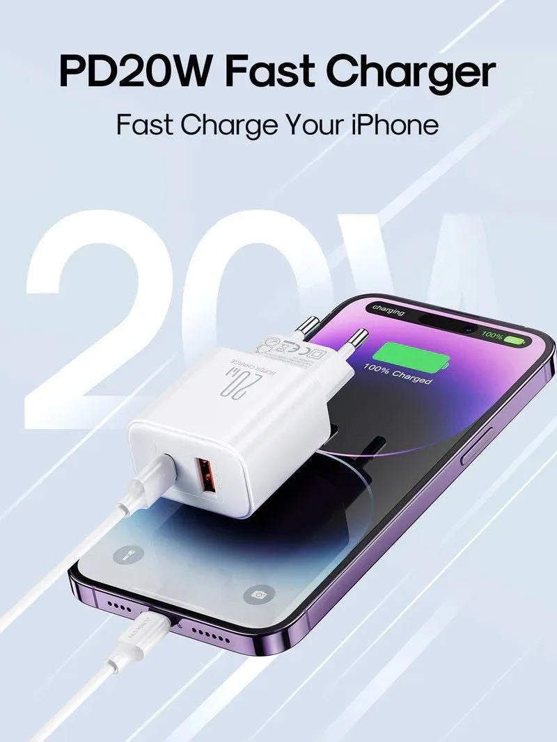 Carregador de Rede Joyroom JR-TCF05, 20W, 3A, 1 x USB-A - 1 x USB-C, Branco