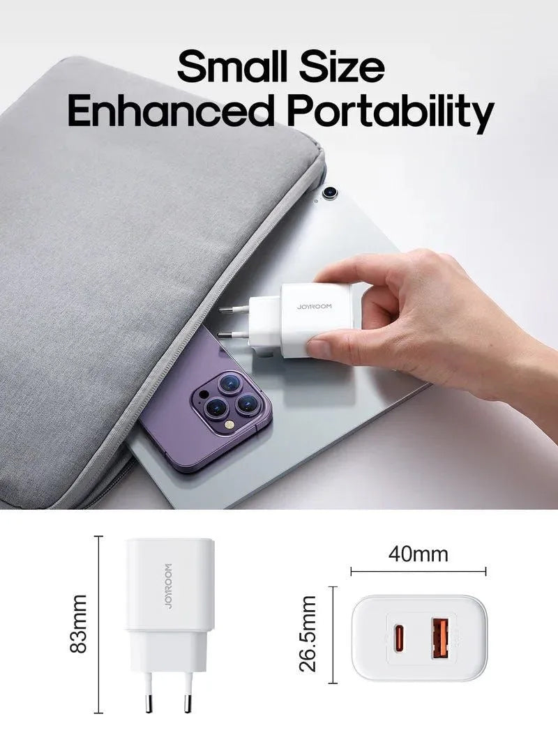 Carregador de Rede Joyroom JR-TCF05, 20W, 3A, 1 x USB-A - 1 x USB-C, Branco