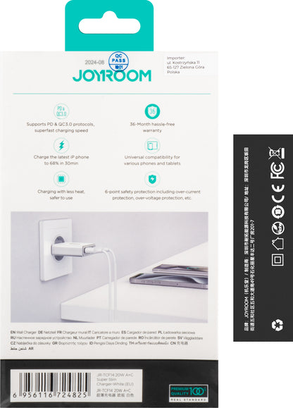 Carregador de rede Joyroom JR-TCF14, 20W, 3A, 1 x USB-A - 1 x USB-C, branco 