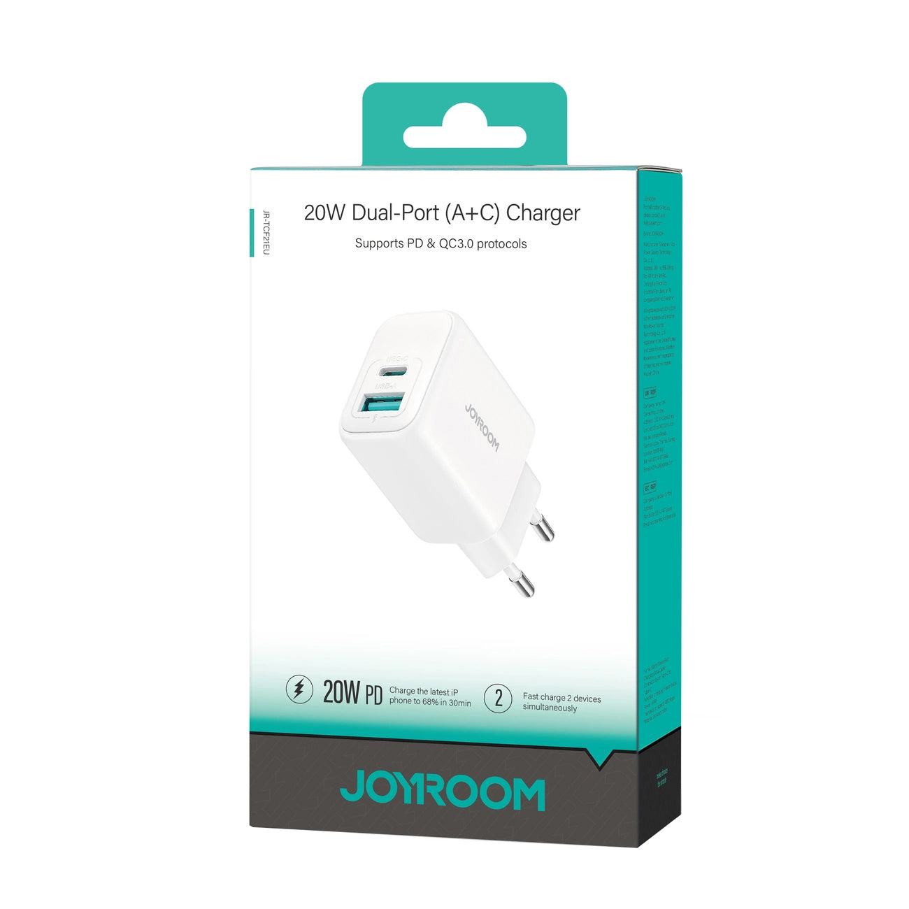 Carregador de Rede Joyroom JR-TCF21, 20W, 3A, 1 x USB-A - 1 x USB-C, Branco