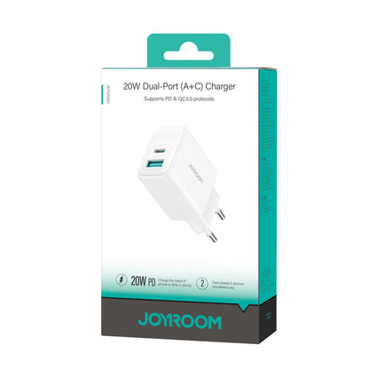 Carregador de Rede Joyroom JR-TCF21, 20W, 3A, 1 x USB-A - 1 x USB-C, Branco