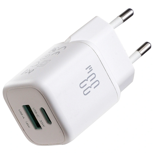 Carregador de Rede Joyroom JR-TG7, 33W, 3A, 1 x USB-A - 1 x USB-C, Branco
