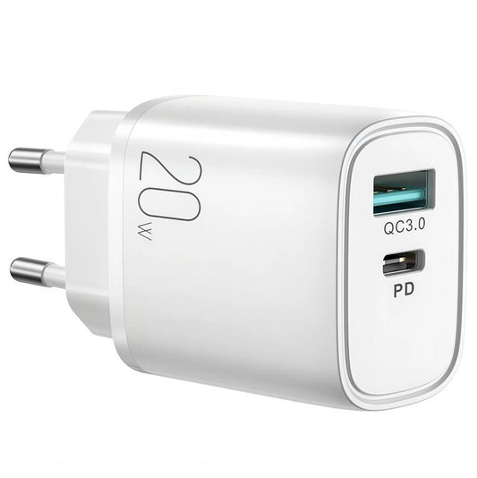 Carregador de rede Joyroom L-QP2011, 20W, 3A, 1 x USB-A - 1 x USB-C, branco 