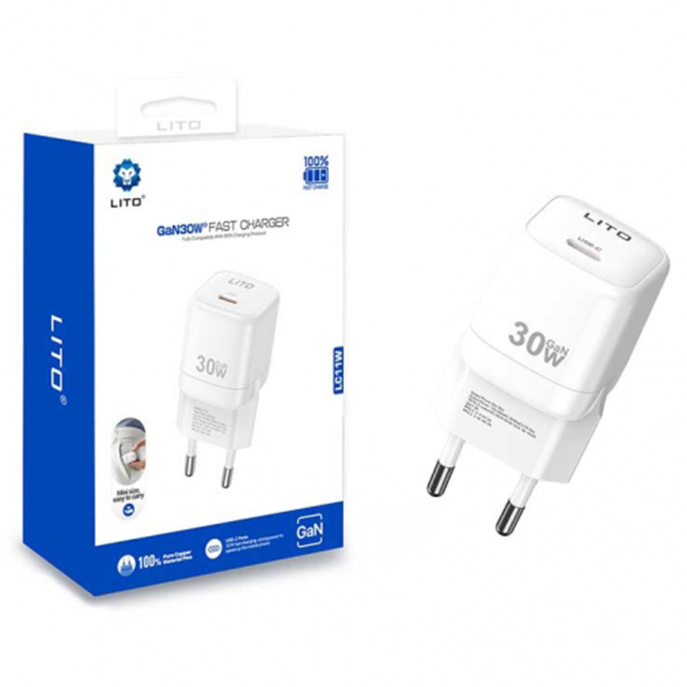Carregador de Rede Lito LC11, 30W, 3A, 1 x USB-C, Branco