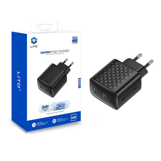 Carregador de Rede Lito LC22, 45W, 3A, 2 x USB-C, Preto
