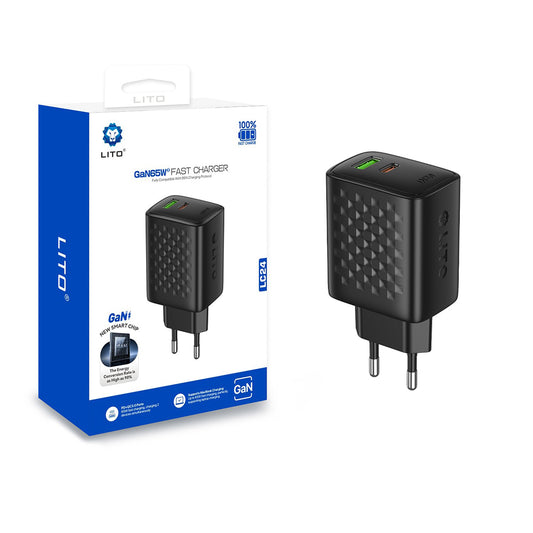 Carregador de Rede Lito LC24, 65W, 3.25A, 1 x USB-A - 1 x USB-C, Preto