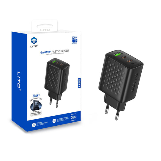 Carregador de Rede Lito LC25, 65W, 3.25A, 1 x USB-A - 2 x USB-C, Preto