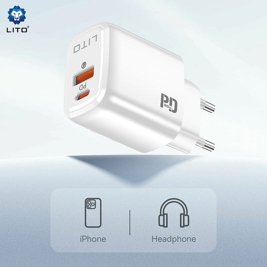 Carregador de Rede Lito LC28, 20W, 3A, 1 x USB-A - 1 x USB-C, Branco